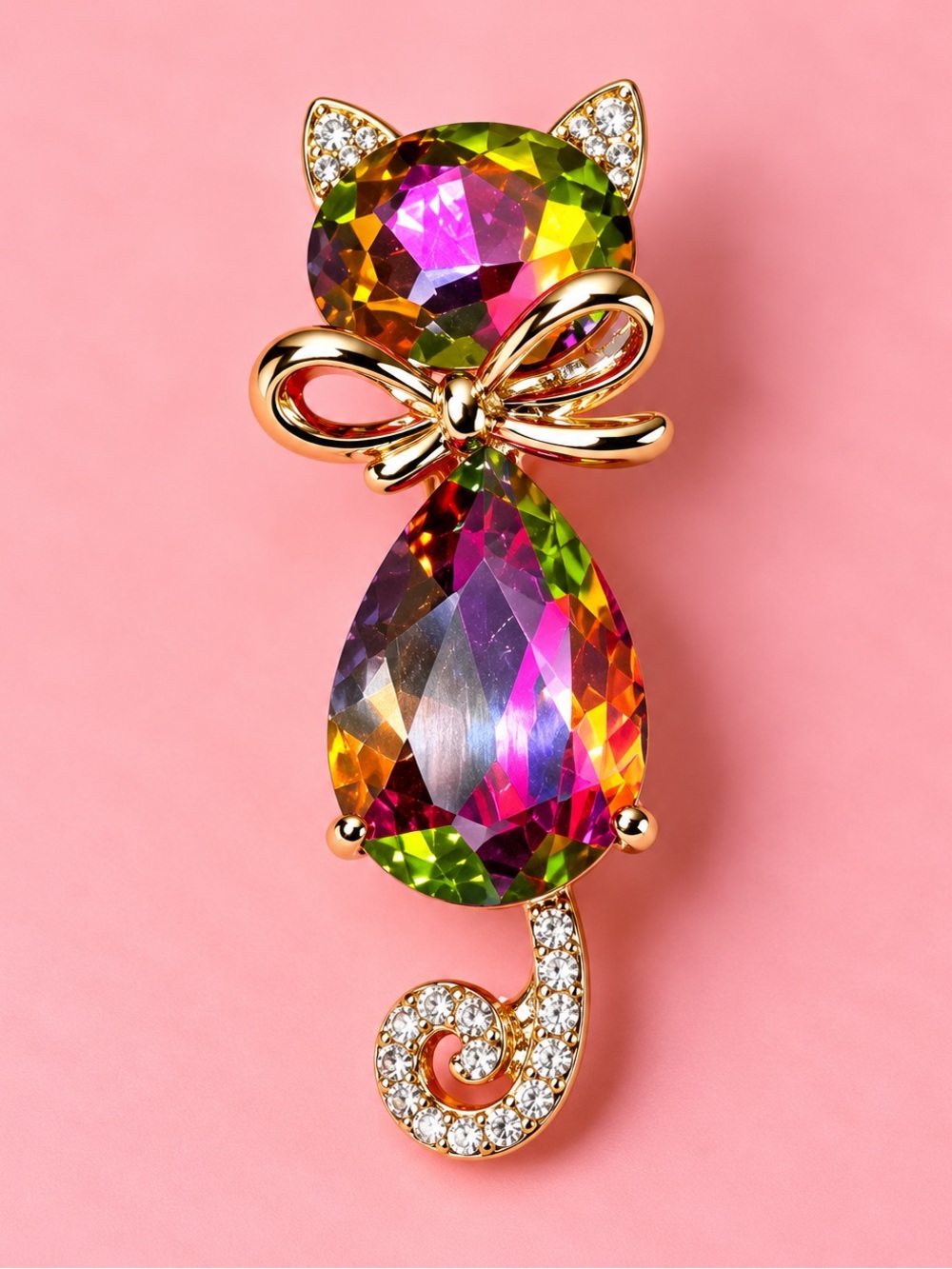 Multicolor Crystal Cat Brooch with Gold Bow